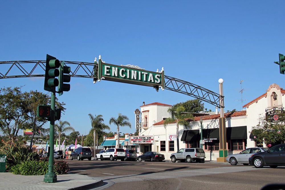 The Encinitas sign over Highway 101 in downtown Encinitas